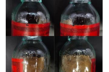 大正〜昭和初期　レトロ　エンボス　時を重ねた味わ深いガラス瓶6点セット(ソースボトル、白玉、三ツ矢、カゴメ、フマキラー、和ガラス、硝子、ビン、ボトル、花瓶、花入、花生、花器、一輪挿し)(R-082931)