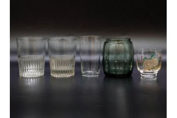 戦前　当時物　ガラス　切子　エナメル　グラス　どこか懐かしさを感じるコップなど5点セット(花、小物入れ、硝子、和ガラス)(R-082934)