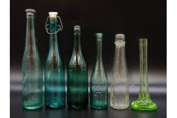 戦前　当時物　ウランガラス　フマキラー　レトロな佇まいのガラス瓶など6点セット(ビン、一輪挿し、花瓶、花入、花生、花器、硝子、和ガラス)(R-082935)