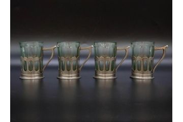 戦前　当時物　優雅な印象を感じるグラス4客セット(桜マーク、硝子、ガラス、コップホルダー付)(R-082936)
