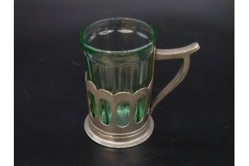戦前　当時物　優雅な印象を感じるグラス4客セット(桜マーク、硝子、ガラス、コップホルダー付)(R-082936)