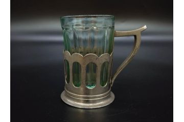 戦前　当時物　優雅な印象を感じるグラス4客セット(桜マーク、硝子、ガラス、コップホルダー付)(R-082936)