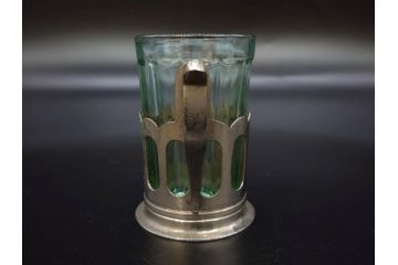 戦前　当時物　優雅な印象を感じるグラス4客セット(桜マーク、硝子、ガラス、コップホルダー付)(R-082936)