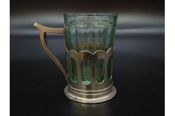 戦前　当時物　優雅な印象を感じるグラス4客セット(桜マーク、硝子、ガラス、コップホルダー付)(R-082936)