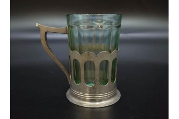 戦前　当時物　優雅な印象を感じるグラス4客セット(桜マーク、硝子、ガラス、コップホルダー付)(R-082936)