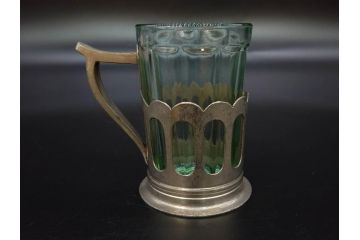 戦前　当時物　優雅な印象を感じるグラス4客セット(桜マーク、硝子、ガラス、コップホルダー付)(R-082936)