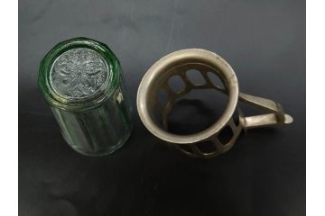 戦前　当時物　優雅な印象を感じるグラス4客セット(桜マーク、硝子、ガラス、コップホルダー付)(R-082936)