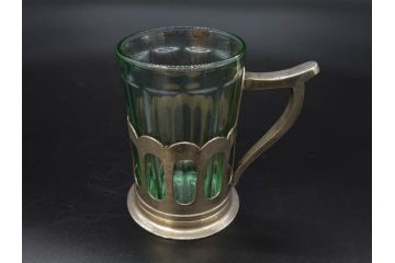 戦前　当時物　優雅な印象を感じるグラス4客セット(桜マーク、硝子、ガラス、コップホルダー付)(R-082936)