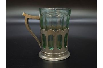 戦前　当時物　優雅な印象を感じるグラス4客セット(桜マーク、硝子、ガラス、コップホルダー付)(R-082936)