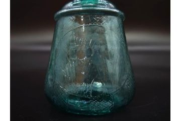 当時物　プレスガラス　レトロな味わい深いガラス瓶5点セット(ビン、醤油差し、あやめ、菖蒲、エンボス、花、桜、硝子)(R-082968)