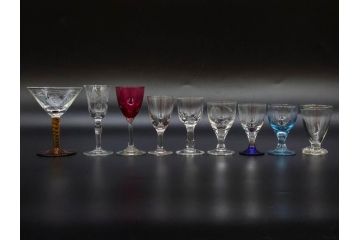 昭和初期〜中期　切子　様々なデザインが楽しめるグラス9点セット(カクテル、ワイン、リキュール、バラ、薔薇、花、葡萄、ぶどう、和ガラス、硝子、酒器、酒杯)(R-082973)
