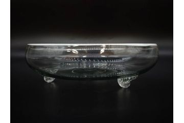 戦前　当時物　乳白縁　シンプルながら上品な佇まいの脚付きガラスボウル(ガラス鉢、深皿、フルーツ、コンポート、三つ足、和ガラス、硝子)(R-082974)