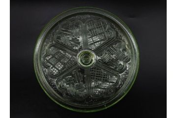大正〜昭和初期　ウランガラス　繊細なデザインが素敵なボウル&キャンディーポット(蓋物、小物入れ、ボンボン入れ、ガラス鉢、深皿、硝子、和ガラス)(R-082976)
