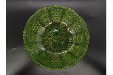 大正〜昭和初期　ウランガラス　繊細なデザインが素敵なボウル&キャンディーポット(蓋物、小物入れ、ボンボン入れ、ガラス鉢、深皿、硝子、和ガラス)(R-082976)