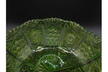 大正〜昭和初期　ウランガラス　繊細なデザインが素敵なボウル&キャンディーポット(蓋物、小物入れ、ボンボン入れ、ガラス鉢、深皿、硝子、和ガラス)(R-082976)