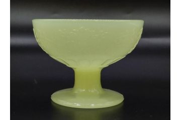 ウランガラス　プレスガラス　棗型(なつめ形)　碗型　黄練り　レトロな雰囲気溢れる氷コップ2客セット(花唐草文?、KY、グラス、硝子、和ガラス)(R-082978)
