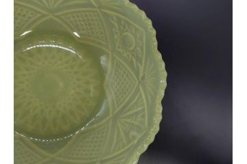 ウランガラス　黄練り　レース　どこか懐かしい雰囲気漂う小鉢2客セット(ガラス鉢、ボウル、深皿、和ガラス、硝子、プレスガラス)(R-082979)