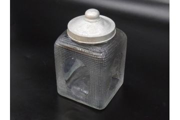 戦前　当時物　レトロな雰囲気を醸し出すキャンディーポット(菓子瓶、あめや瓶、飴屋、砂糖壺、ガラス瓶、ガラスビン、蓋(フタ)付き、菓子瓶、ボンボン入れ、小物入れ、硝子)(R-082983)