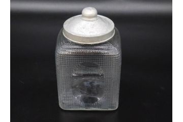 戦前　当時物　レトロな雰囲気を醸し出すキャンディーポット(菓子瓶、あめや瓶、飴屋、砂糖壺、ガラス瓶、ガラスビン、蓋(フタ)付き、菓子瓶、ボンボン入れ、小物入れ、硝子)(R-082983)