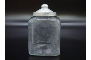 戦前　当時物　レトロな雰囲気を醸し出すキャンディーポット(菓子瓶、あめや瓶、飴屋、砂糖壺、ガラス瓶、ガラスビン、蓋(フタ)付き、菓子瓶、ボンボン入れ、小物入れ、硝子)(R-082983)
