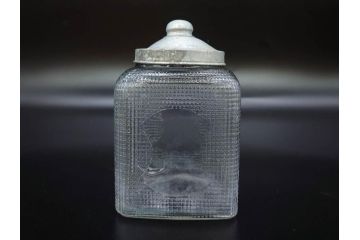 戦前　当時物　レトロな雰囲気を醸し出すキャンディーポット(菓子瓶、あめや瓶、飴屋、砂糖壺、ガラス瓶、ガラスビン、蓋(フタ)付き、菓子瓶、ボンボン入れ、小物入れ、硝子)(R-082983)