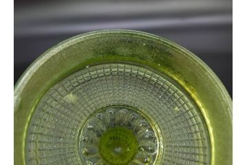 戦前　当時物　ウランガラス　ノスタルジックな雰囲気が魅力のキャンディーポット(菓子瓶、あめや瓶、飴屋、砂糖壺、ガラス瓶、ガラスビン、蓋(フタ)付き、菓子瓶、ボンボン入れ、小物入れ、硝子)(R-082986)