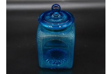 戦前　当時物　鮮やかなブルーカラーが置くだけでお部屋のアクセントになるキャンディーポット(青、菓子瓶、あめや瓶、飴屋、砂糖壺、ガラス瓶、ガラスビン、蓋(フタ)付き、菓子瓶、ボンボン入れ、小物入れ、硝子)(R-082987)