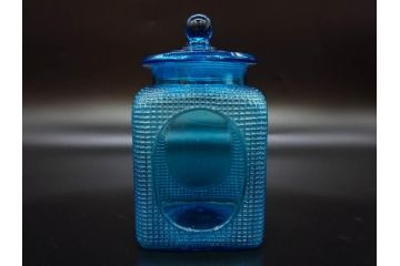 戦前　当時物　鮮やかなブルーカラーが置くだけでお部屋のアクセントになるキャンディーポット(青、菓子瓶、あめや瓶、飴屋、砂糖壺、ガラス瓶、ガラスビン、蓋(フタ)付き、菓子瓶、ボンボン入れ、小物入れ、硝子)(R-082987)