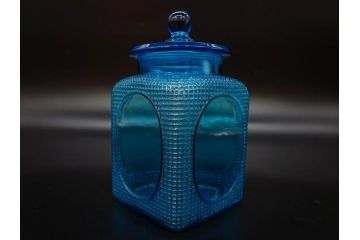 戦前　当時物　鮮やかなブルーカラーが置くだけでお部屋のアクセントになるキャンディーポット(青、菓子瓶、あめや瓶、飴屋、砂糖壺、ガラス瓶、ガラスビン、蓋(フタ)付き、菓子瓶、ボンボン入れ、小物入れ、硝子)(R-082987)