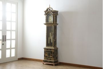 中古　高級品!!　オリエンタルデザイン　ドイツ製ムーブメント　黒塗りに金蒔絵風の絵柄が美しいホールクロック(時計台、振り子時計、ディスプレイ)(R-082994)