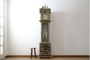 中古　高級品!!　オリエンタルデザイン　ドイツ製ムーブメント　黒塗りに金蒔絵風の絵柄が美しいホールクロック(時計台、振り子時計、ディスプレイ)(R-082994)
