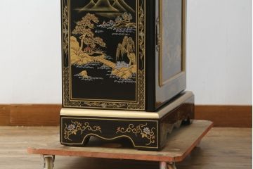 中古　高級品!!　オリエンタルデザイン　ドイツ製ムーブメント　黒塗りに金蒔絵風の絵柄が美しいホールクロック(時計台、振り子時計、ディスプレイ)(R-082994)