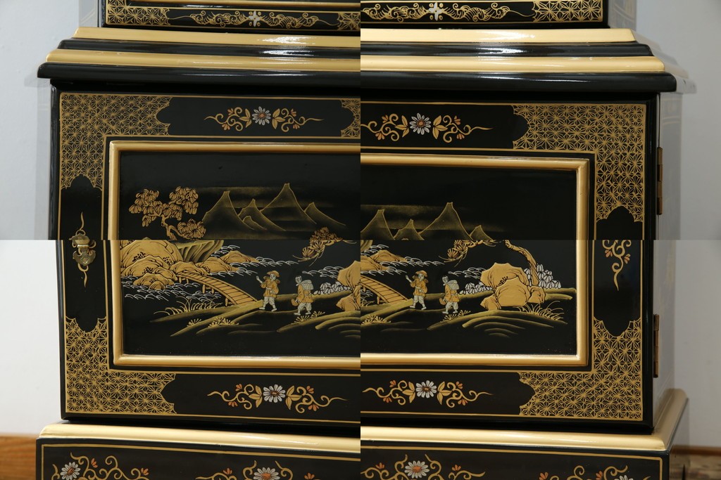 中古　高級品!!　オリエンタルデザイン　ドイツ製ムーブメント　黒塗りに金蒔絵風の絵柄が美しいホールクロック　(R-082994)