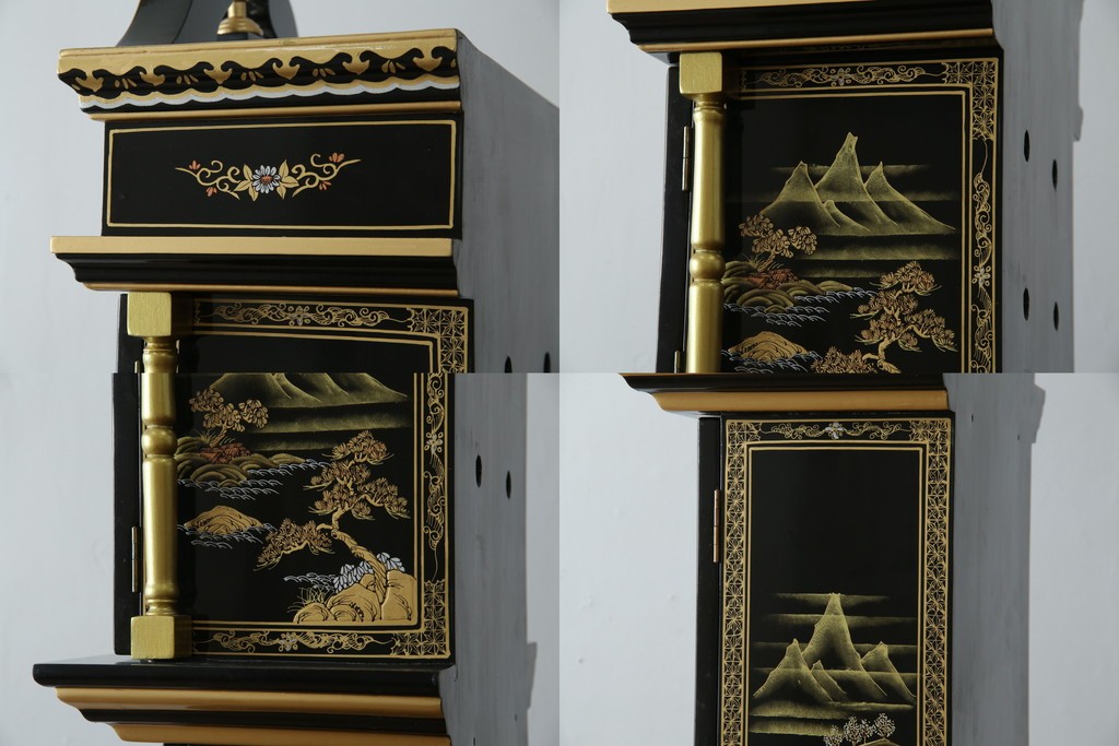 中古　高級品!!　オリエンタルデザイン　ドイツ製ムーブメント　黒塗りに金蒔絵風の絵柄が美しいホールクロック　(R-082994)