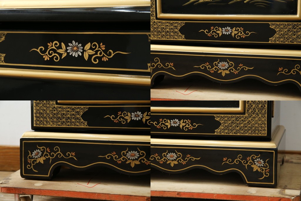 中古　高級品!!　オリエンタルデザイン　ドイツ製ムーブメント　黒塗りに金蒔絵風の絵柄が美しいホールクロック　(R-082994)