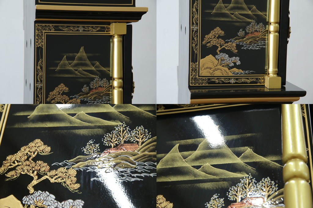 中古　高級品!!　オリエンタルデザイン　ドイツ製ムーブメント　黒塗りに金蒔絵風の絵柄が美しいホールクロック　(R-082994)