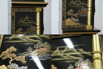 中古　高級品!!　オリエンタルデザイン　ドイツ製ムーブメント　黒塗りに金蒔絵風の絵柄が美しいホールクロック　(R-082994)