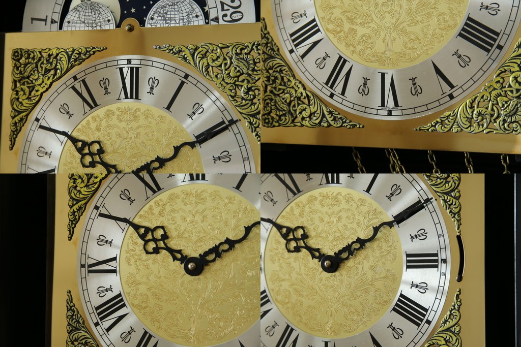 中古　高級品!!　オリエンタルデザイン　ドイツ製ムーブメント　黒塗りに金蒔絵風の絵柄が美しいホールクロック　(R-082994)