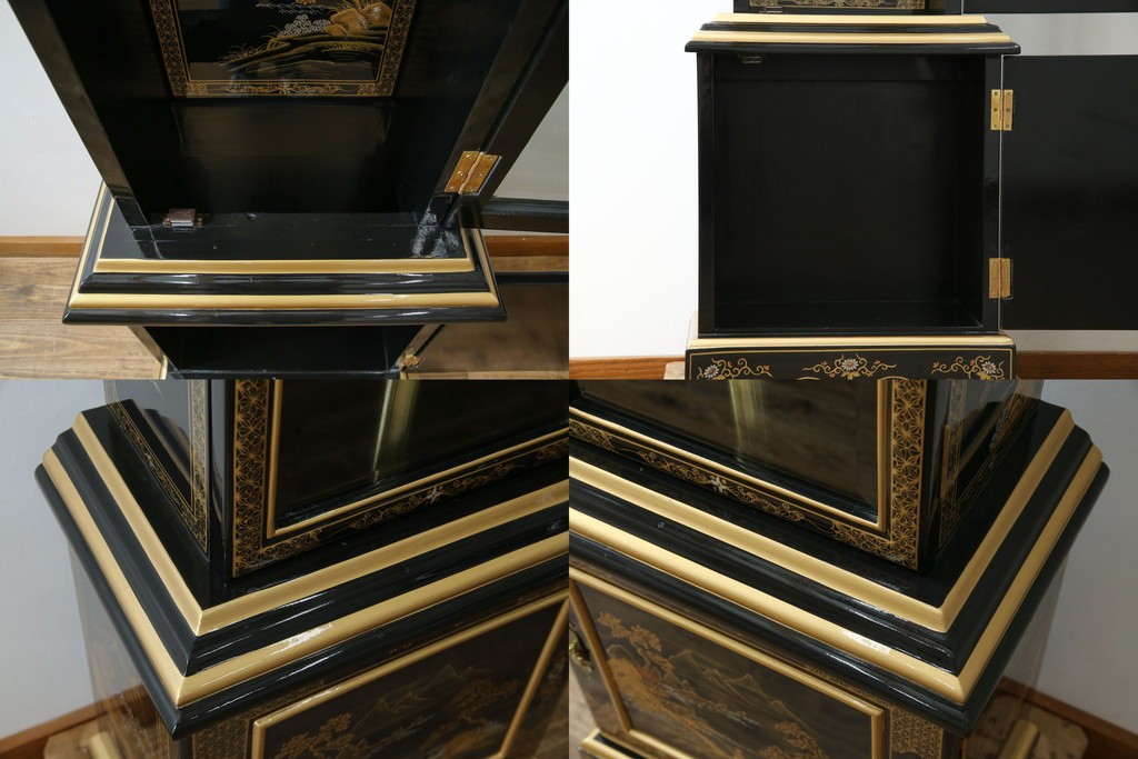 中古　高級品!!　オリエンタルデザイン　ドイツ製ムーブメント　黒塗りに金蒔絵風の絵柄が美しいホールクロック　(R-082994)