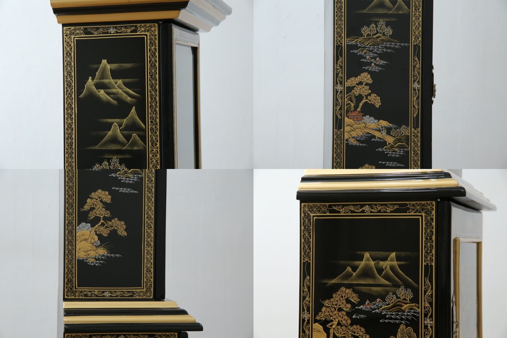 中古　高級品!!　オリエンタルデザイン　ドイツ製ムーブメント　黒塗りに金蒔絵風の絵柄が美しいホールクロック　(R-082994)