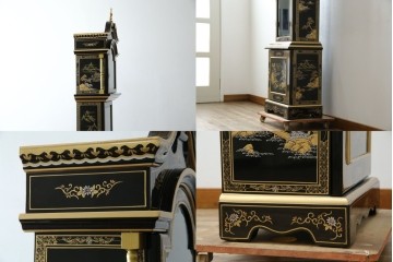 中古　高級品!!　オリエンタルデザイン　ドイツ製ムーブメント　黒塗りに金蒔絵風の絵柄が美しいホールクロック　(R-082994)
