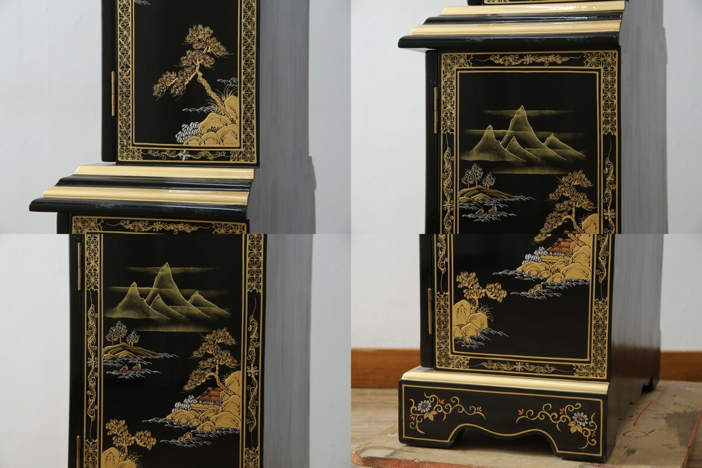 中古　高級品!!　オリエンタルデザイン　ドイツ製ムーブメント　黒塗りに金蒔絵風の絵柄が美しいホールクロック　(R-082994)