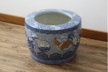 和製アンティーク　上手物!!　底面に製造時のヒビ有り　瓢箪(ひょうたん)の図　変わり型デザインの大型瀬戸火鉢(型変わり、鉢カバー、傘立て、ディスプレイ、金魚鉢、プランター)(R-082997)