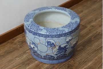 和製アンティーク　上手物!!　底面に製造時のヒビ有り　瓢箪(ひょうたん)の図　変わり型デザインの大型瀬戸火鉢(型変わり、鉢カバー、傘立て、ディスプレイ、金魚鉢、プランター)(R-082997)