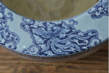 和製アンティーク　上手物!!　底面に製造時のヒビ有り　瓢箪(ひょうたん)の図　変わり型デザインの大型瀬戸火鉢(型変わり、鉢カバー、傘立て、ディスプレイ、金魚鉢、プランター)(R-082997)