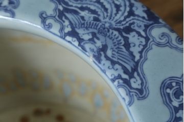 和製アンティーク　上手物!!　底面に製造時のヒビ有り　瓢箪(ひょうたん)の図　変わり型デザインの大型瀬戸火鉢(型変わり、鉢カバー、傘立て、ディスプレイ、金魚鉢、プランター)(R-082997)