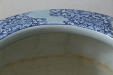 和製アンティーク　上手物!!　底面に製造時のヒビ有り　瓢箪(ひょうたん)の図　変わり型デザインの大型瀬戸火鉢(型変わり、鉢カバー、傘立て、ディスプレイ、金魚鉢、プランター)(R-082997)