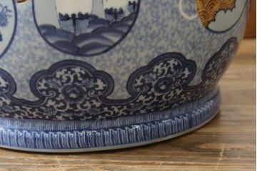和製アンティーク　上手物!!　底面に製造時のヒビ有り　瓢箪(ひょうたん)の図　変わり型デザインの大型瀬戸火鉢(型変わり、鉢カバー、傘立て、ディスプレイ、金魚鉢、プランター)(R-082997)