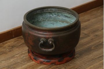 明治大正期　上手物　斑紫銅　琢斎銘　根来塗台座付きの古銅火鉢(手あぶり、鉢カバー、ディスプレイ、プランター)(R-082998)