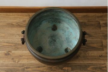 明治大正期　上手物　斑紫銅　琢斎銘　根来塗台座付きの古銅火鉢(手あぶり、鉢カバー、ディスプレイ、プランター)(R-082998)